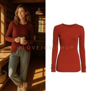 Cabincore | Vince Long Sleeve Thermal | Rust Waffle Knit | Winter Layering